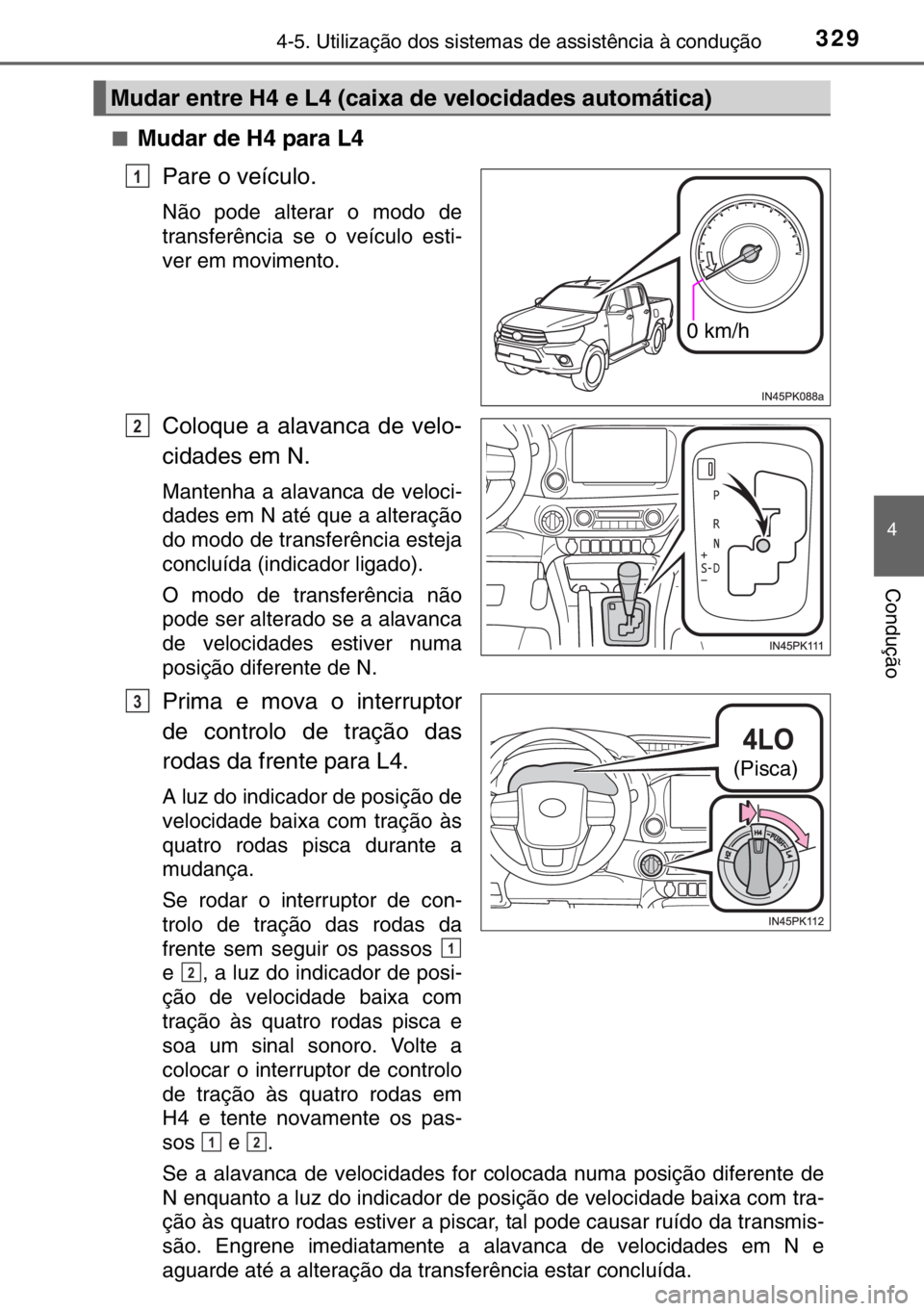 TOYOTA HILUX 2016 Manual de utilização (in Portuguese) 3294-5. Utilização dos sistemas de assistência à condução
4
Condução
■Mudar de H4 para L4
Pare o veículo.
Não pode alterar o modo de
transferência se o veículo esti-
ver em movimento.
Co TOYOTA HILUX 2016 Manual de utilização (in Portuguese) 3294-5. Utilização dos sistemas de assistência à condução
4
Condução
■Mudar de H4 para L4
Pare o veículo.
Não pode alterar o modo de
transferência se o veículo esti-
ver em movimento.
Co