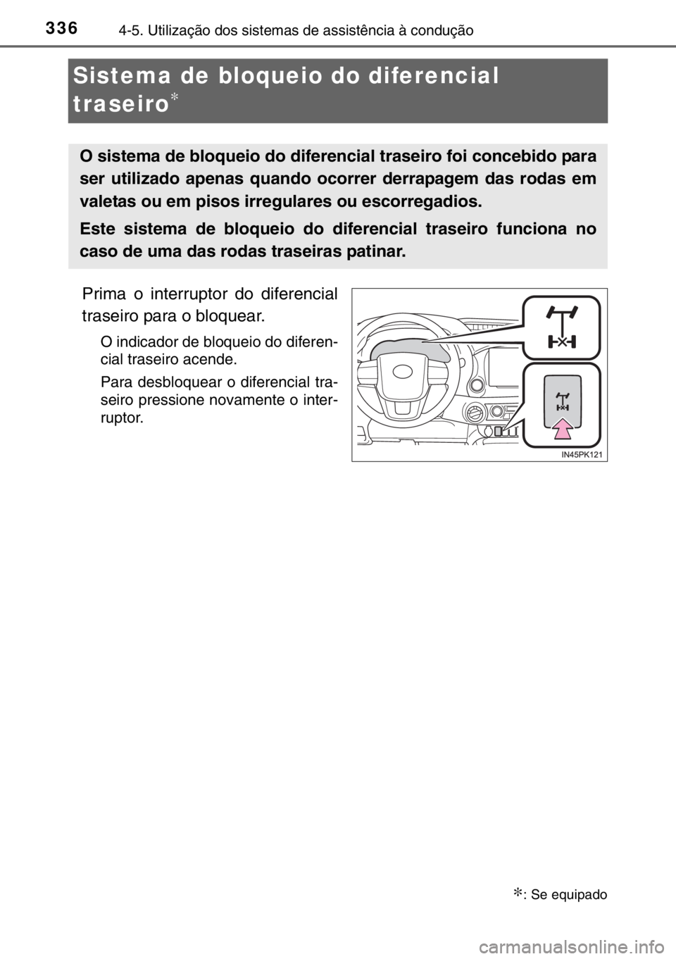 TOYOTA HILUX 2016 Manual de utilização (in Portuguese) 3364-5. Utilização dos sistemas de assistência à condução
Sistema de bloqueio do diferencial
traseiro
∗
Prima o interruptor do diferencial
traseiro para o bloquear.
O indicador de bloqueio do TOYOTA HILUX 2016 Manual de utilização (in Portuguese) 3364-5. Utilização dos sistemas de assistência à condução
Sistema de bloqueio do diferencial
traseiro
∗
Prima o interruptor do diferencial
traseiro para o bloquear.
O indicador de bloqueio do