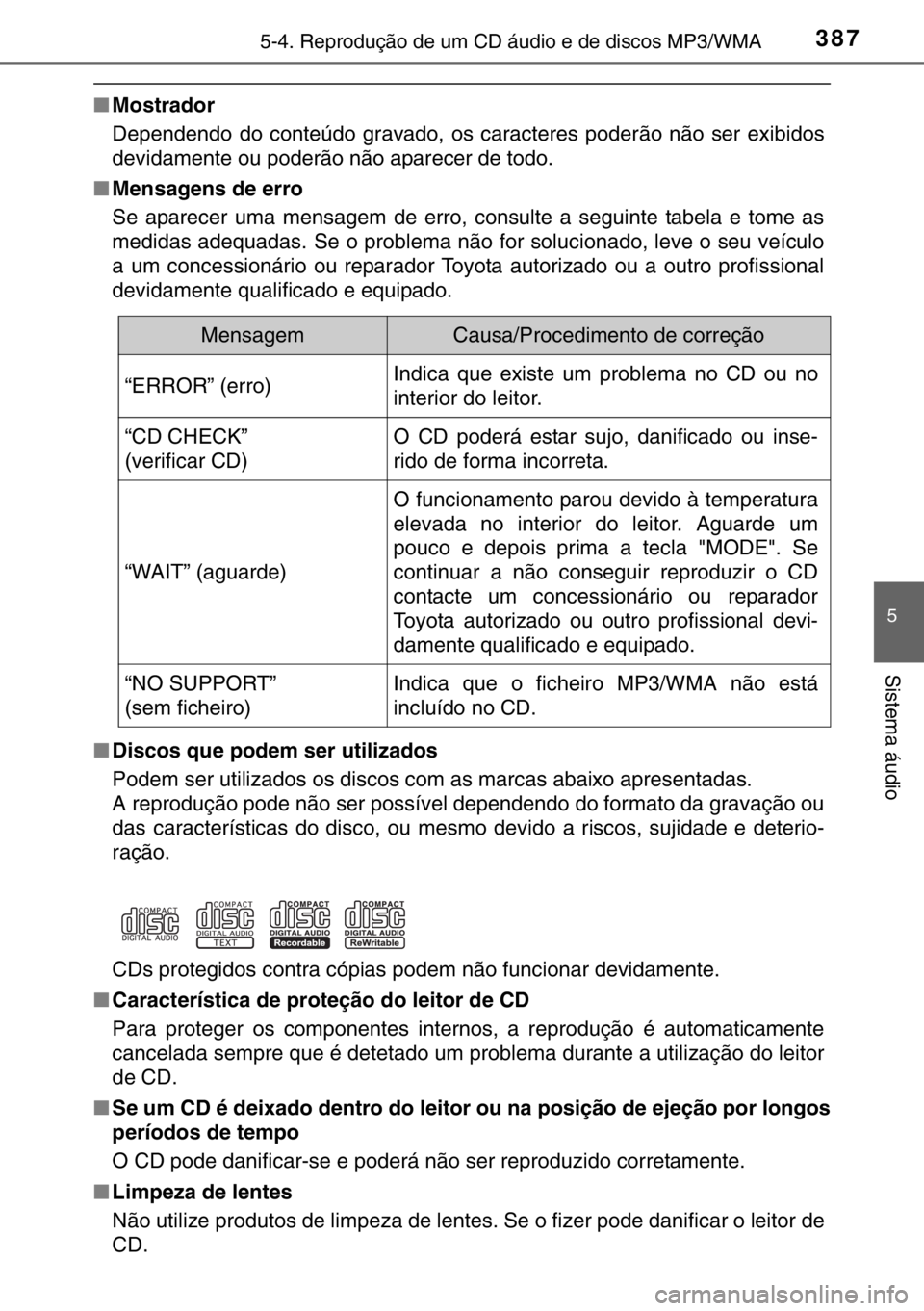 TOYOTA HILUX 2016  Manual de utilização (in Portuguese) 3875-4. Reprodução de um CD áudio e de discos MP3/WMA
5
Sistema áudio
■Mostrador
Dependendo do conteúdo gravado, os caracteres poderão não ser exibidos
devidamente ou poderão não aparecer d