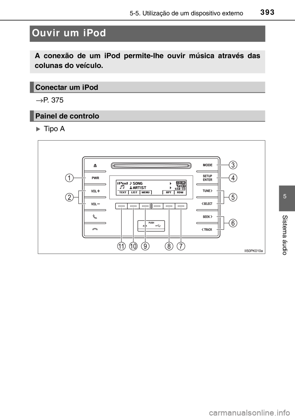 TOYOTA HILUX 2016  Manual de utilização (in Portuguese) 393
5
5-5. Utilização de um dispositivo externo
Sistema áudio
Ouvir um iPod
→P. 375
�XTipo A
A conexão de um iPod permite-lhe ouvir música através das
colunas do veículo.
Conectar um iPod
Pai
