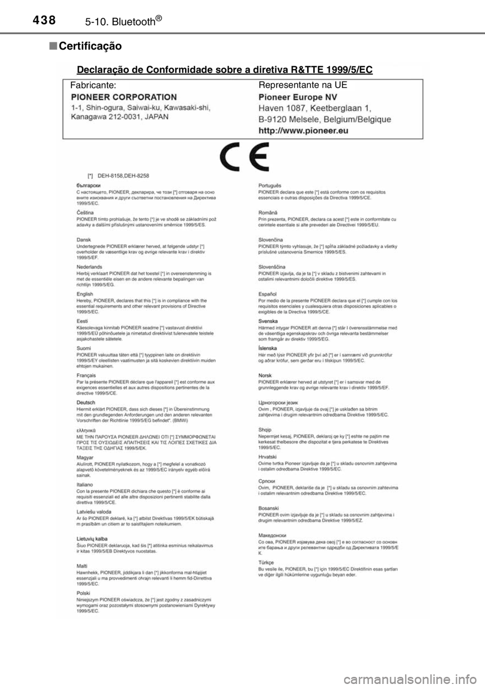 TOYOTA HILUX 2016  Manual de utilização (in Portuguese) 4385-10. Bluetooth®
■Certificação
Fabricante:
Declaração de Conformidade sobre a diretiva R&TTE 1999/5/EC
Representante na UE
sec_05-10.fm  Page 438  Wednesday, March 16, 2016  2:15 PM 