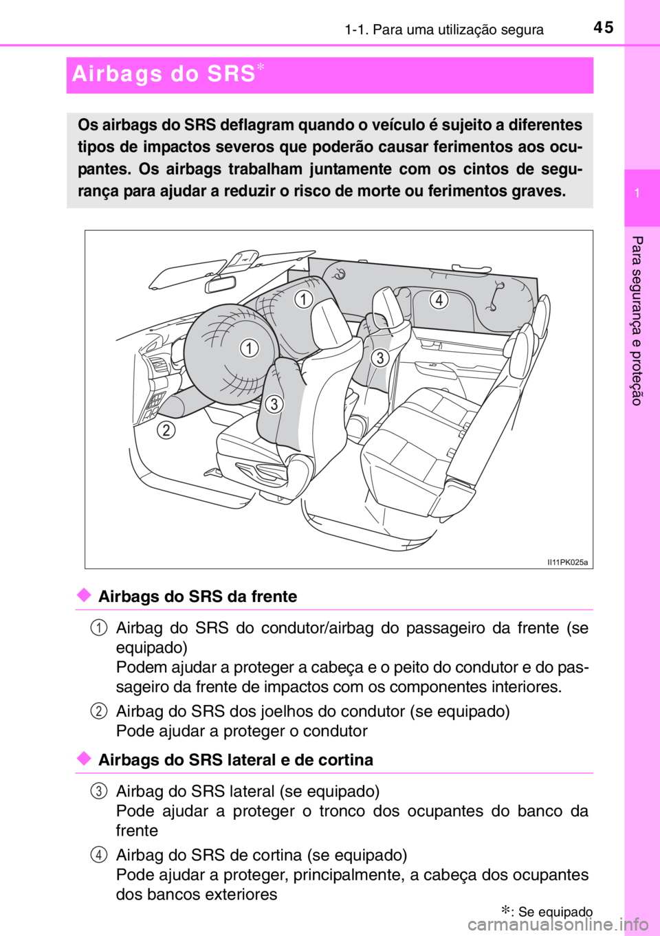 TOYOTA HILUX 2016  Manual de utilização (in Portuguese) 451-1. Para uma utilização segura
1
Para segurança e proteção
Airbags do SRS∗
◆Airbags do SRS da frente
Airbag do SRS do condutor/airbag do passageiro da frente (se
equipado)
Podem ajudar a p