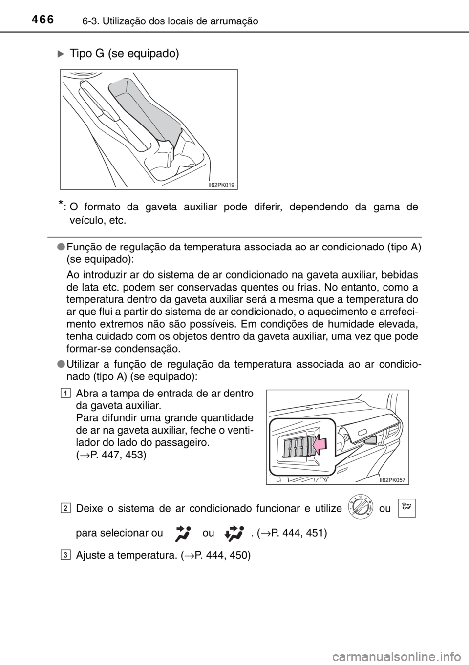 TOYOTA HILUX 2016  Manual de utilização (in Portuguese) 4666-3. Utilização dos locais de arrumação
*: O formato da gaveta auxiliar pode diferir, dependendo da gama de
veículo, etc.
●Função de regulação da temperatura associada ao ar condicionado