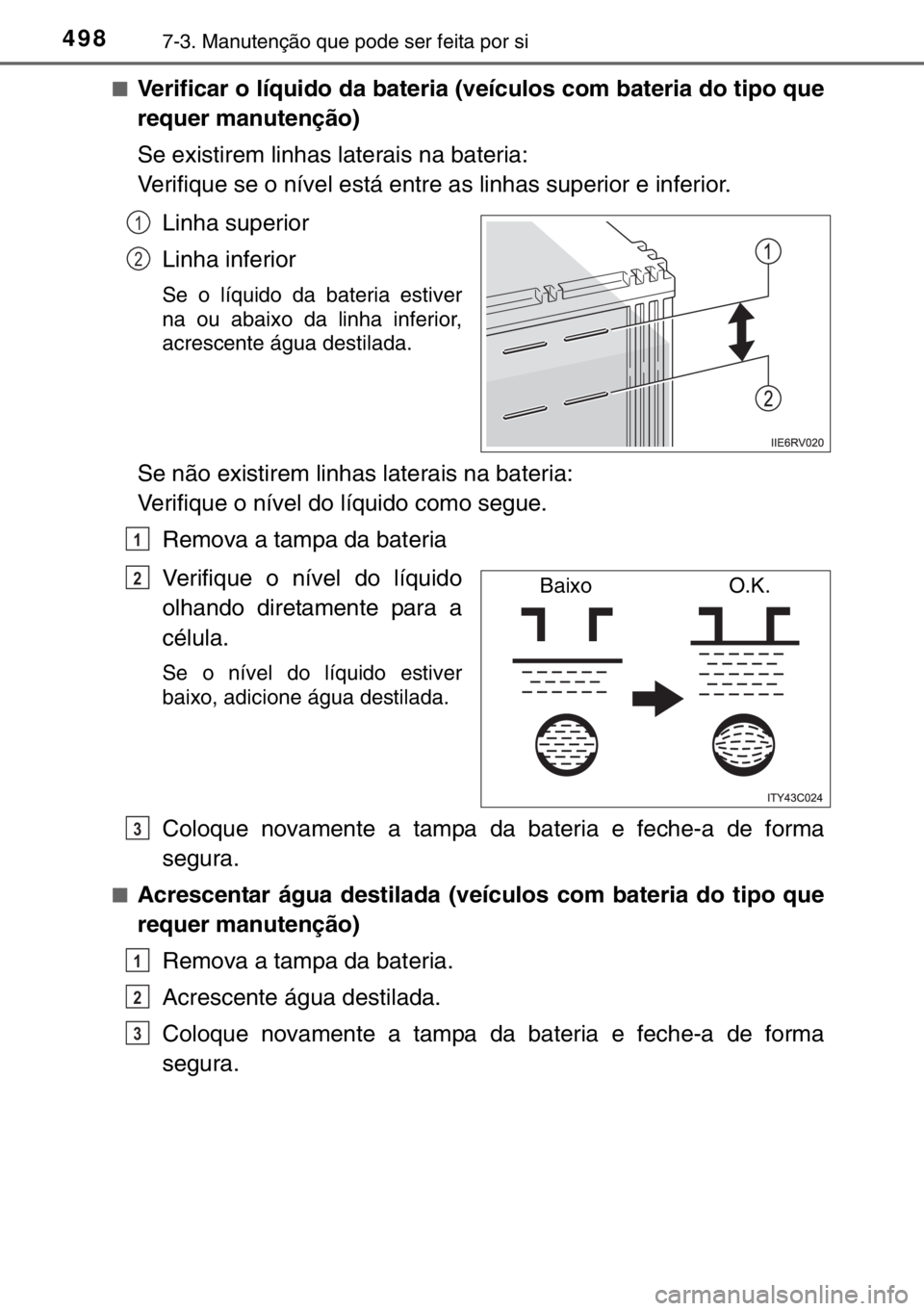 TOYOTA HILUX 2016  Manual de utilização (in Portuguese) 4987-3. Manutenção que pode ser feita por si
■Verificar o líquido da bateria (veículos com bateria do tipo que
requer manutenção)
Se existirem linhas laterais na bateria:
Verifique se o nível