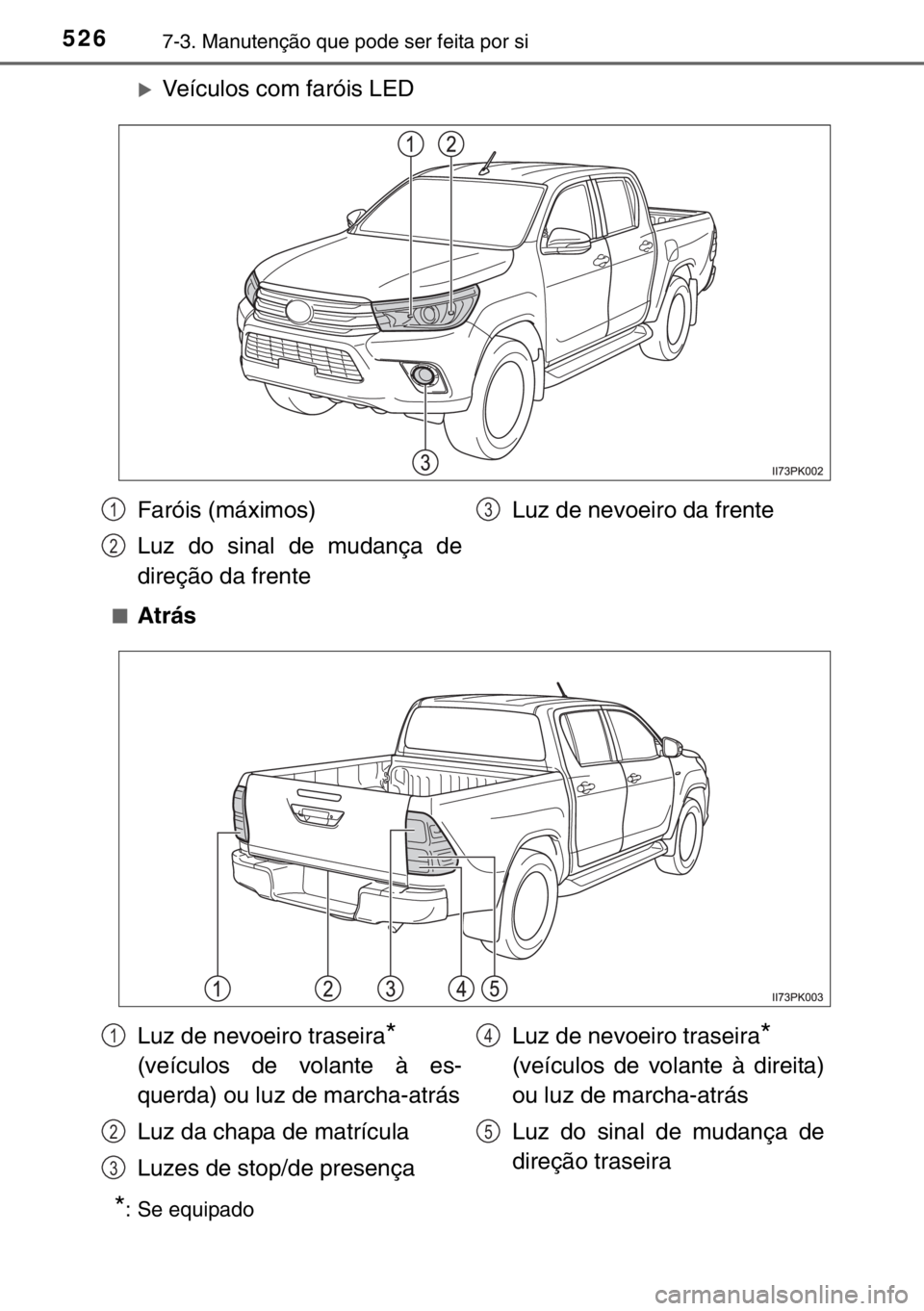 TOYOTA HILUX 2016  Manual de utilização (in Portuguese) 5267-3. Manutenção que pode ser feita por si
�XVeículos com faróis LED
■Atrás
*: Se equipado
Faróis (máximos)
Luz do sinal de mudança de
direção da frenteLuz de nevoeiro da frente1
2
3
Luz