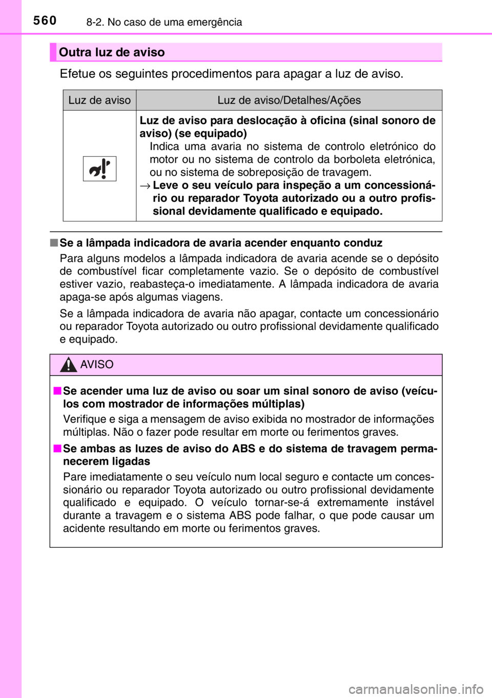 TOYOTA HILUX 2016 Manual de utilização (in Portuguese) 5608-2. No caso de uma emergência
Efetue os seguintes procedimentos para apagar a luz de aviso.
■Se a lâmpada indicadora de avaria acender enquanto conduz
Para alguns modelos a lâmpada indicadora TOYOTA HILUX 2016 Manual de utilização (in Portuguese) 5608-2. No caso de uma emergência
Efetue os seguintes procedimentos para apagar a luz de aviso.
■Se a lâmpada indicadora de avaria acender enquanto conduz
Para alguns modelos a lâmpada indicadora