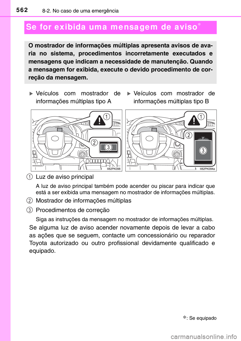 TOYOTA HILUX 2016 Manual de utilização (in Portuguese) 5628-2. No caso de uma emergência
Se for exibida uma mensagem de aviso∗
Luz de aviso principal
A luz de aviso principal também pode acender ou piscar para indicar que
está a ser exibida uma mensa TOYOTA HILUX 2016 Manual de utilização (in Portuguese) 5628-2. No caso de uma emergência
Se for exibida uma mensagem de aviso∗
Luz de aviso principal
A luz de aviso principal também pode acender ou piscar para indicar que
está a ser exibida uma mensa