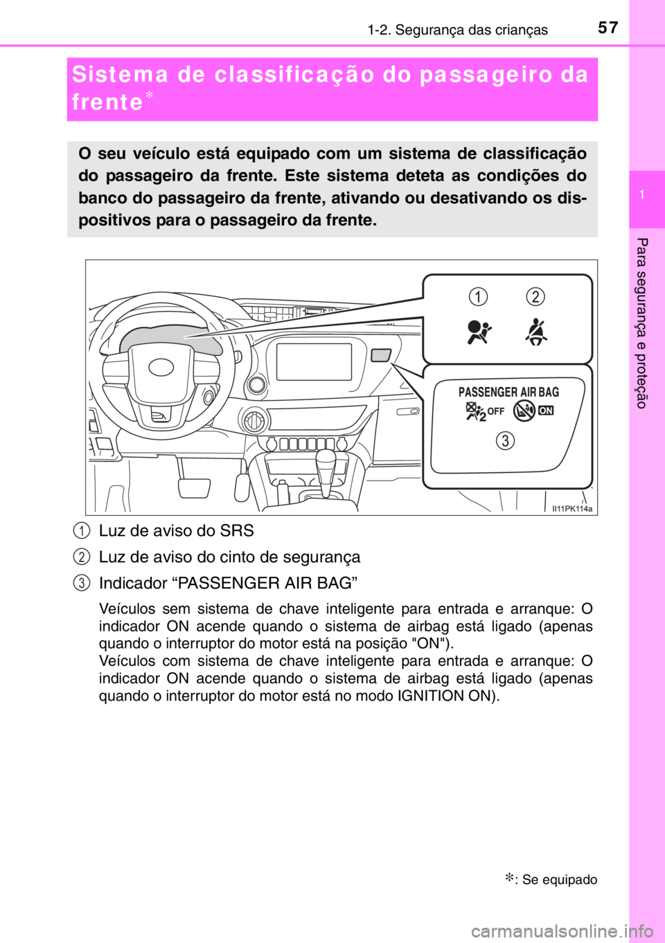 TOYOTA HILUX 2016  Manual de utilização (in Portuguese) 571-2. Segurança das crianças
1
Para segurança e proteção
Sistema de classificação do passageiro da 
frente
∗
Luz de aviso do SRS
Luz de aviso do cinto de segurança
Indicador “PASSENGER AI