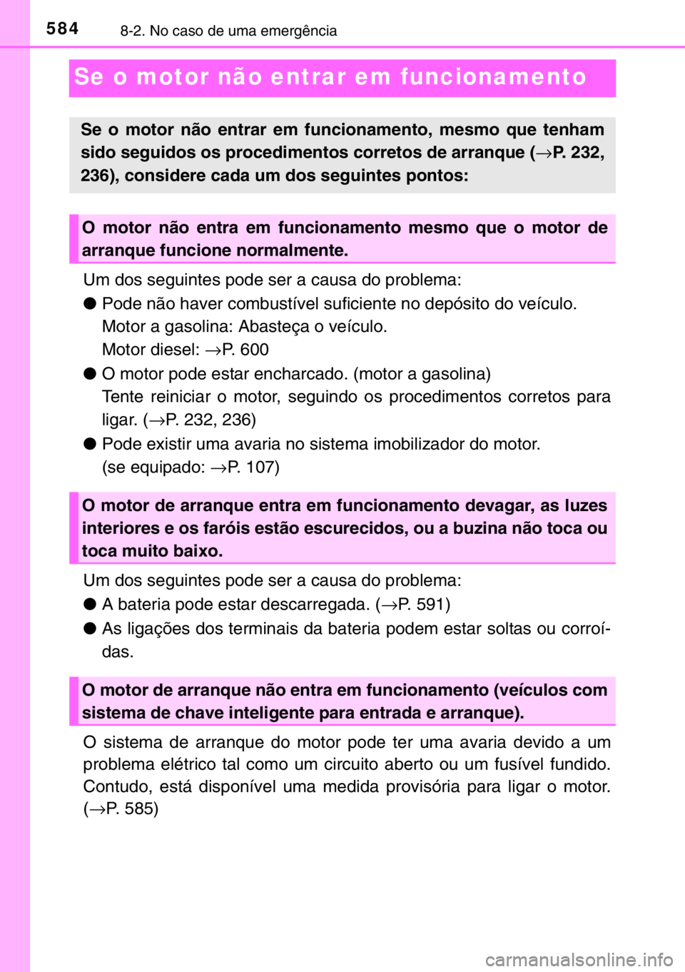TOYOTA HILUX 2016  Manual de utilização (in Portuguese) 5848-2. No caso de uma emergência
Se o motor não entrar em funcionamento
Um dos seguintes pode ser a causa do problema:
●Pode não haver combustível suficiente no depósito do veículo.
Motor a g