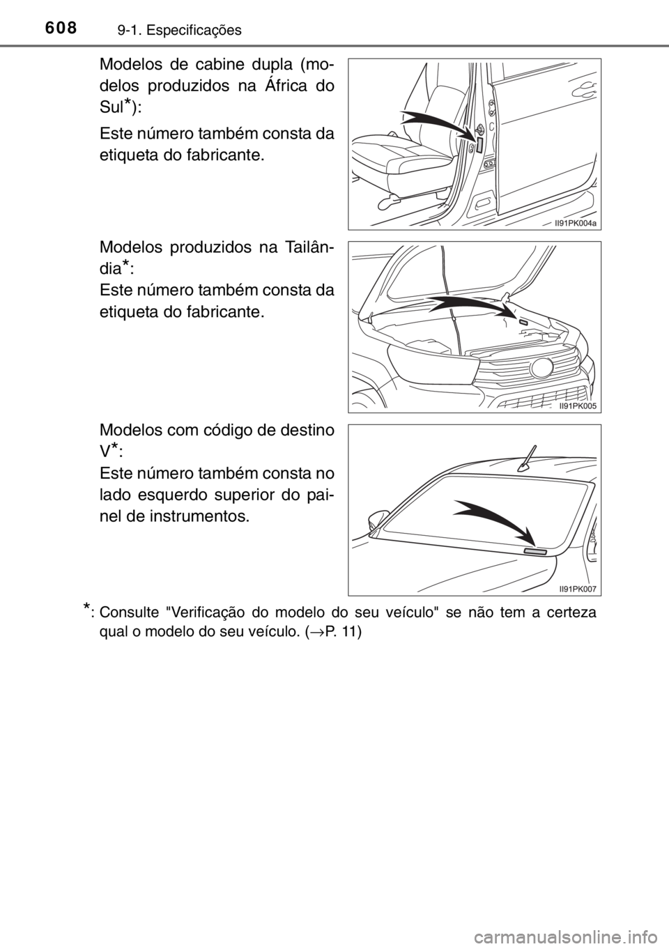 TOYOTA HILUX 2016 Manual de utilização (in Portuguese) 6089-1. Especificações
Modelos de cabine dupla (mo-
delos produzidos na África do
Sul
*):
Este número também consta da
etiqueta do fabricante.
Modelos produzidos na Tailân-
dia
*:
Este número t TOYOTA HILUX 2016 Manual de utilização (in Portuguese) 6089-1. Especificações
Modelos de cabine dupla (mo-
delos produzidos na África do
Sul
*):
Este número também consta da
etiqueta do fabricante.
Modelos produzidos na Tailân-
dia
*:
Este número t