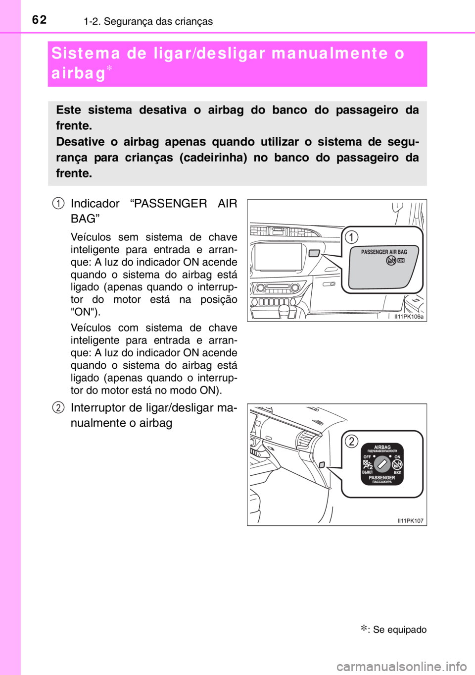 TOYOTA HILUX 2016 Manual de utilização (in Portuguese) 621-2. Segurança das crianças
Sistema de ligar/desligar manualmente o
airbag
∗
Indicador “PASSENGER AIR
BAG”
Veículos sem sistema de chave
inteligente para entrada e arran-
que: A luz do ind TOYOTA HILUX 2016 Manual de utilização (in Portuguese) 621-2. Segurança das crianças
Sistema de ligar/desligar manualmente o
airbag
∗
Indicador “PASSENGER AIR
BAG”
Veículos sem sistema de chave
inteligente para entrada e arran-
que: A luz do ind
