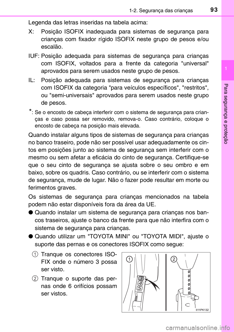 TOYOTA HILUX 2016  Manual de utilização (in Portuguese) 931-2. Segurança das crianças
1
Para segurança e proteção
Legenda das letras inseridas na tabela acima:
X: Posição ISOFIX inadequada para sistemas de segurança para
crianças com fixador rígi