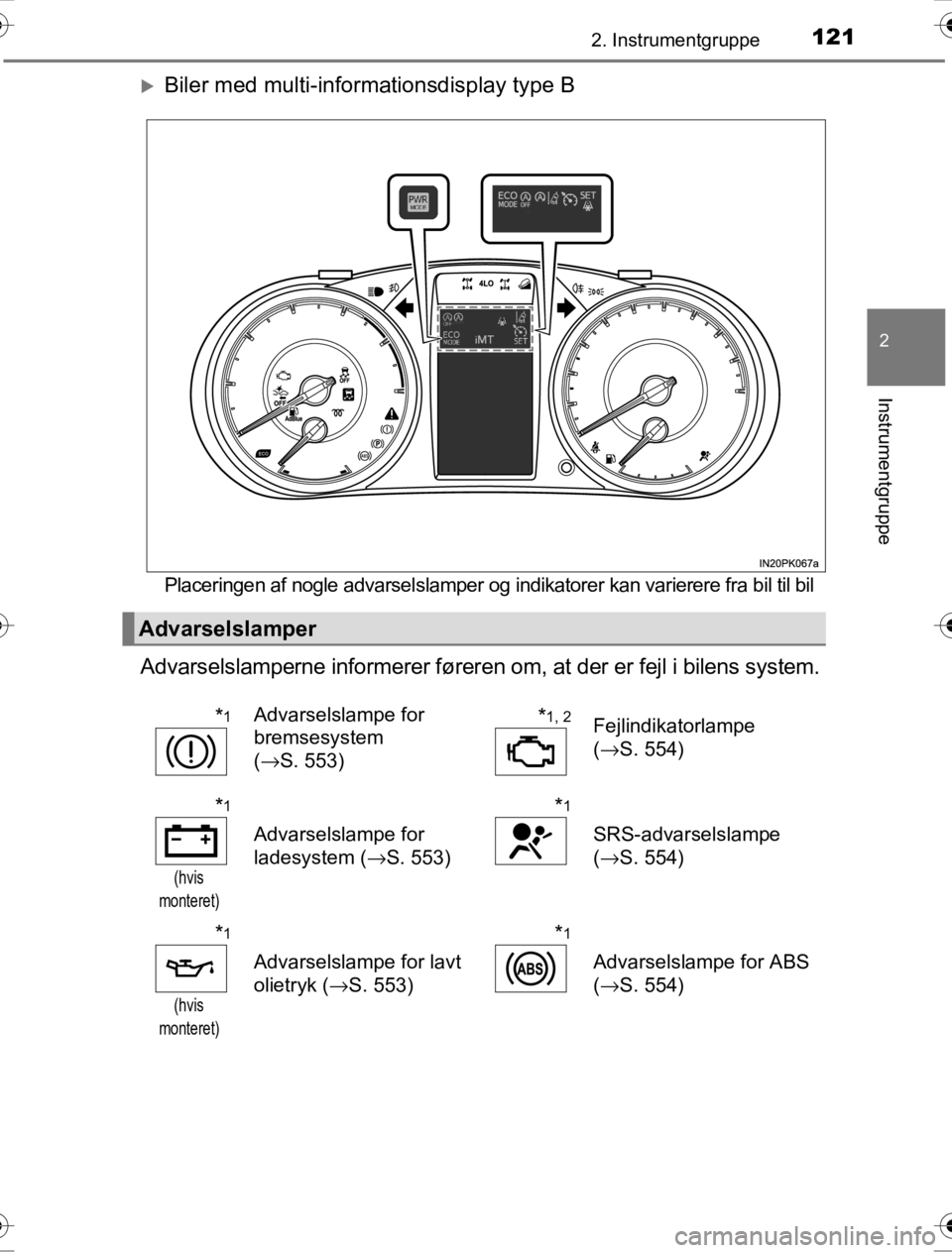TOYOTA HILUX 2016  Brugsanvisning (in Danish) 1212. Instrumentgruppe
2
Instrumentgruppe
OM0K269DK
�XBiler med multi-informationsdisplay type B
Placeringen af nogle advarselslamper og in dikatorer kan varierere fra bil til bil
Advarselslamperne in