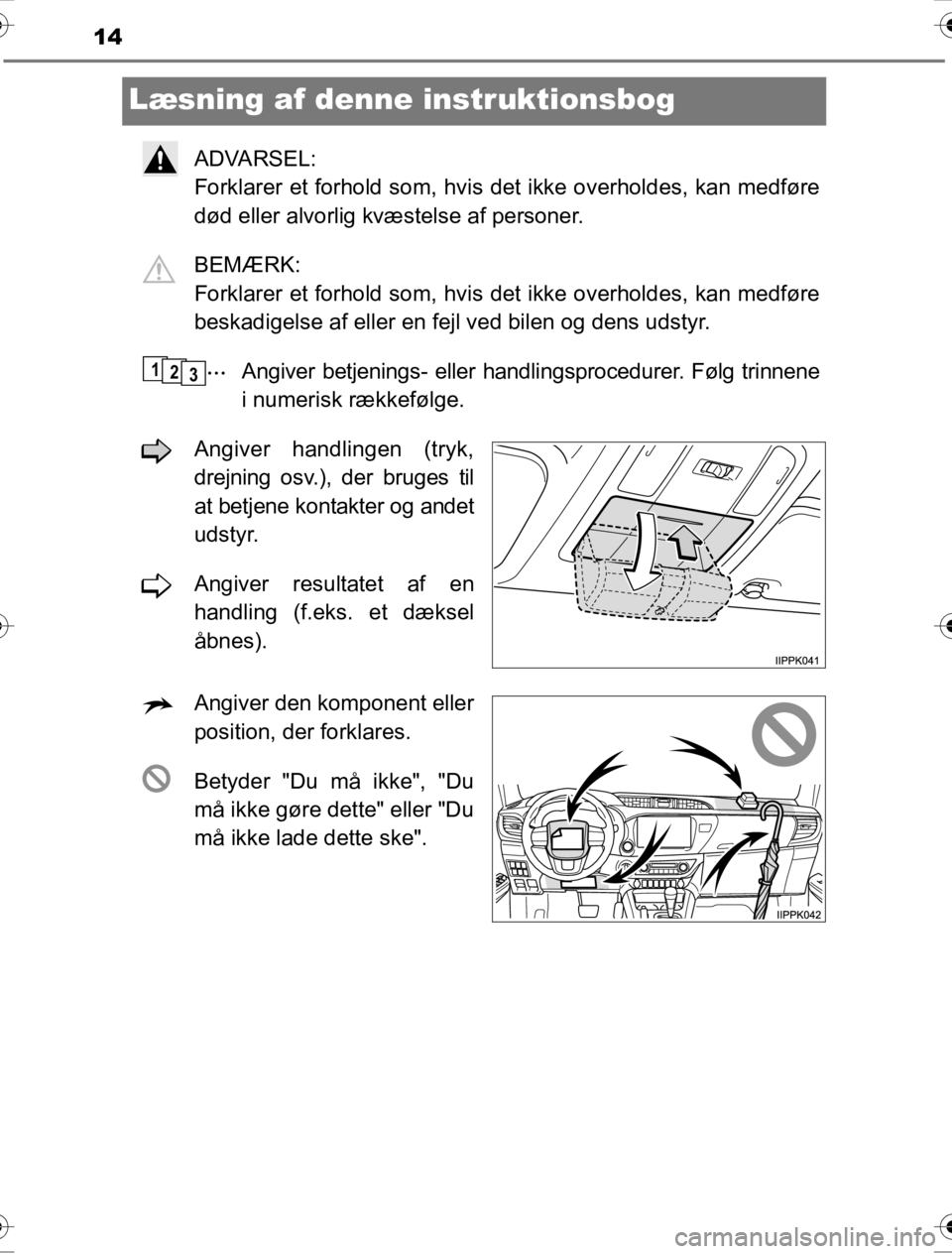TOYOTA HILUX 2016  Brugsanvisning (in Danish) 14
OM0K269DK
Læsning af denne instruktionsbog
ADVARSEL: 
Forklarer et forhold som, hvis det ikke overholdes, kan medføre
død eller alvorlig kvæstelse af personer.
BEMÆRK: 
Forklarer et forhold so