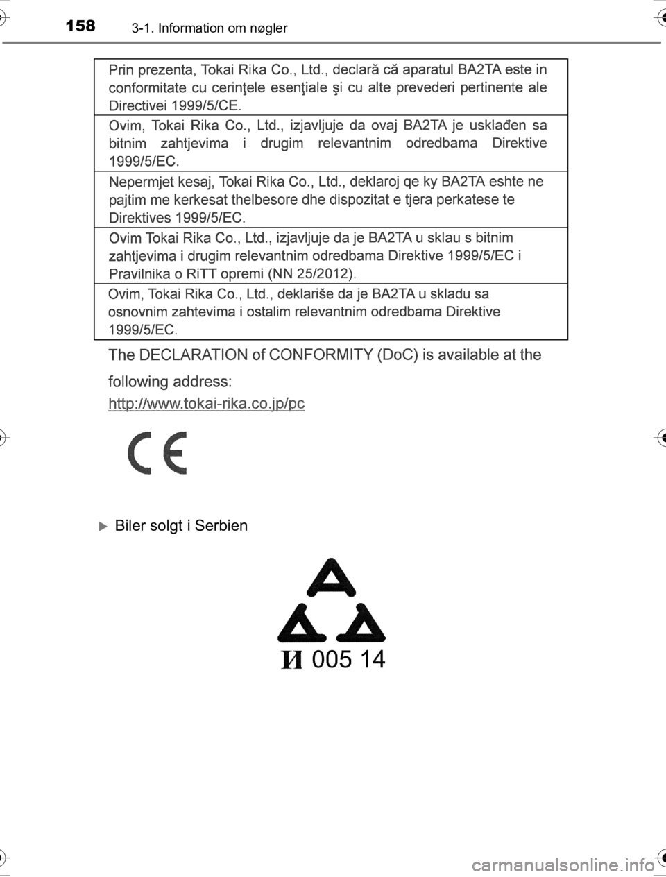 TOYOTA HILUX 2016  Brugsanvisning (in Danish) 1583-1. Information om nøgler
OM0K269DK
�XBiler solgt i Serbien
OM0K269DK.book  Page 158  Wednesday, March 23, 2016  3:01 AM 