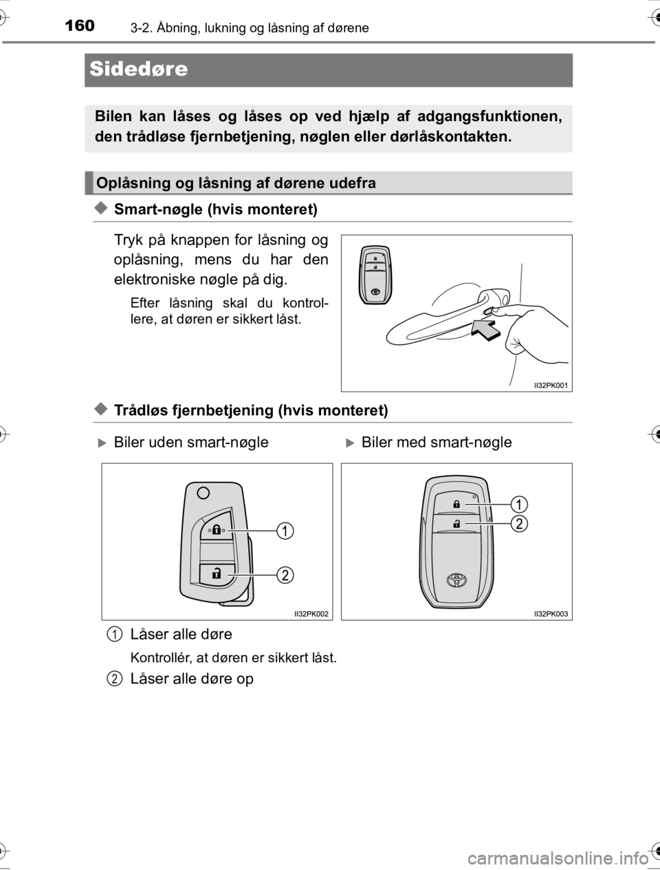 TOYOTA HILUX 2016  Brugsanvisning (in Danish) 1603-2. Åbning, lukning og låsning af dørene
OM0K269DK
Sidedøre
◆Smart-nøgle (hvis monteret)
Tryk på knappen for låsning og
oplåsning, mens du har den
elektroniske nøgle på dig.
Efter lås