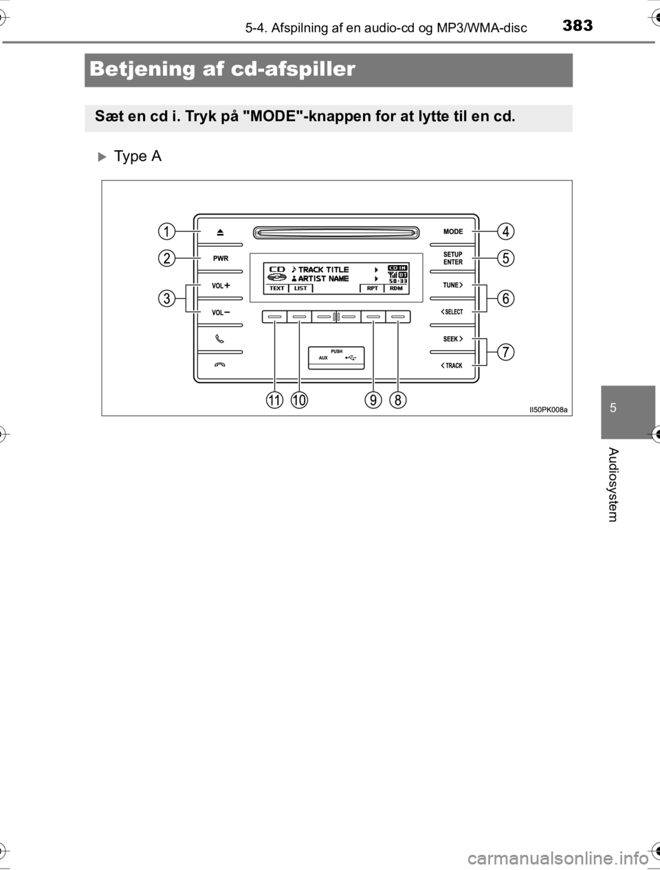 TOYOTA HILUX 2016  Brugsanvisning (in Danish) 383
5
5-4. Afspilning af en audio-cd og MP3/WMA-disc
Audiosystem
OM0K269DK
Betjening af cd-afspiller
�XTy p e  A
Sæt en cd i. Tryk på "MODE"-knappen for at lytte til en cd.
OM0K269DK.book  Page 383 