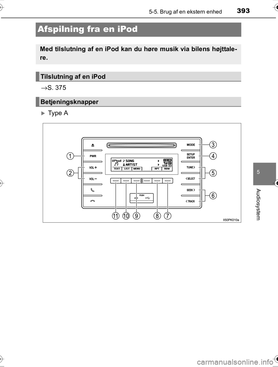 TOYOTA HILUX 2016  Brugsanvisning (in Danish) 393
5
5-5. Brug af en ekstern enhed
Audiosystem
OM0K269DK
Afspilning fra en iPod
→S. 375
�XTy p e  A
Med tilslutning af en iPod kan  du høre musik via bilens højttale-
re.
Tilslutning af en iPod
B