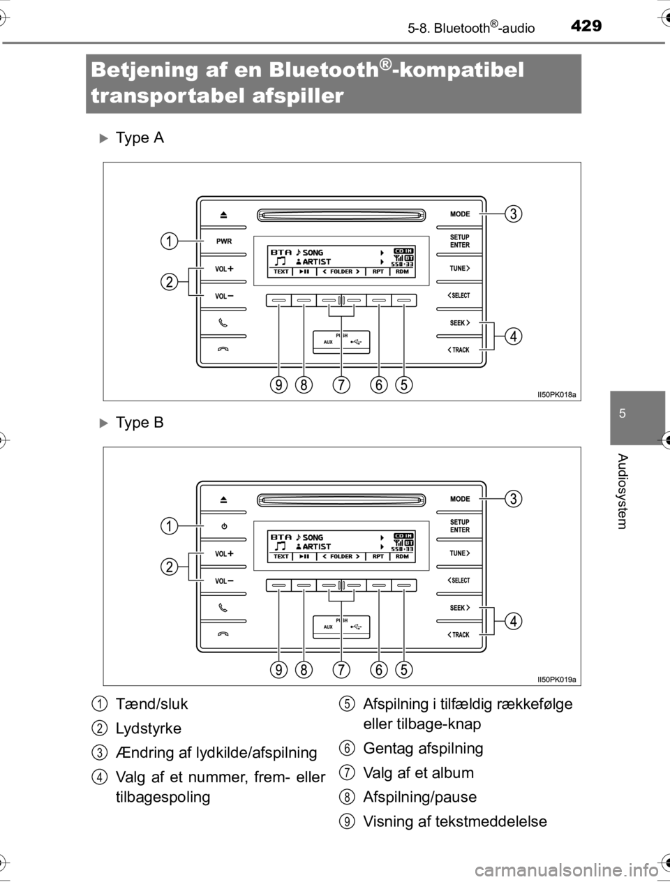 TOYOTA HILUX 2016  Brugsanvisning (in Danish) 429
5
5-8. Bluetooth®-audio
Audiosystem
OM0K269DK
Betjening af en Bluetooth®-kompatibel 
transpor tabel afspiller
�XTy p e  A
�XTy p e  B
Tænd/sluk
Lydstyrke
Ændring af lydkilde/afspilning
Valg af