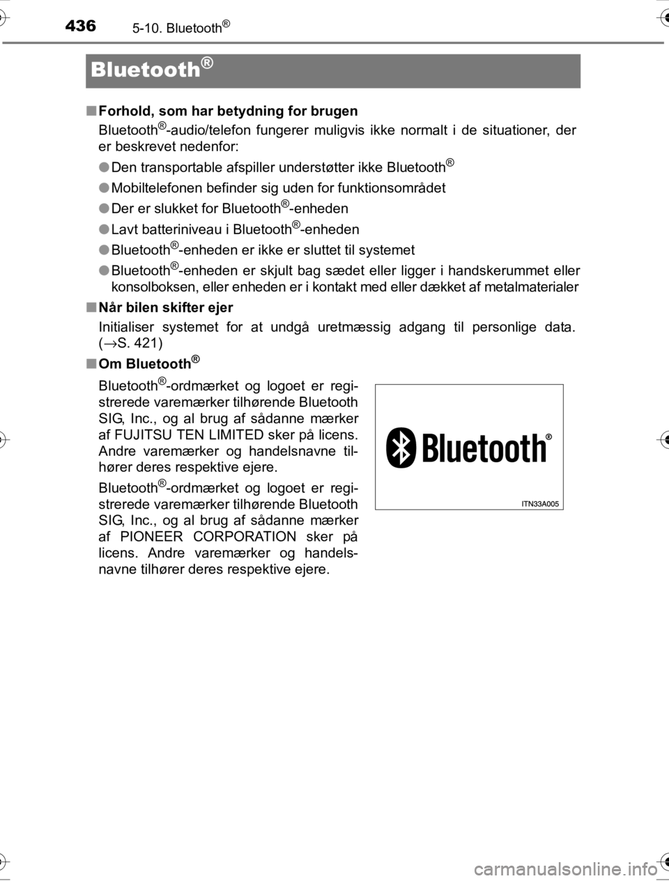 TOYOTA HILUX 2016 Brugsanvisning (in Danish) 4365-10. Bluetooth®
OM0K269DK
Bluetooth®
■Forhold, som har betydning for brugen
Bluetooth®-audio/telefon fungerer muligvis ikke normalt i de situationer, der
er beskrevet nedenfor:
● Den transp TOYOTA HILUX 2016 Brugsanvisning (in Danish) 4365-10. Bluetooth®
OM0K269DK
Bluetooth®
■Forhold, som har betydning for brugen
Bluetooth®-audio/telefon fungerer muligvis ikke normalt i de situationer, der
er beskrevet nedenfor:
● Den transp