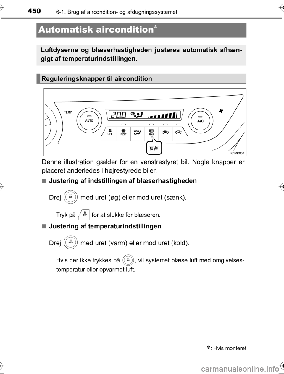 TOYOTA HILUX 2016 Brugsanvisning (in Danish) 4506-1. Brug af aircondition- og afdugningssystemet
OM0K269DK
Automatisk aircondition∗
Denne illustration gælder for en venstrestyre t bil. Nogle knapper er
placeret anderledes i højrestyrede bile TOYOTA HILUX 2016 Brugsanvisning (in Danish) 4506-1. Brug af aircondition- og afdugningssystemet
OM0K269DK
Automatisk aircondition∗
Denne illustration gælder for en venstrestyre t bil. Nogle knapper er
placeret anderledes i højrestyrede bile