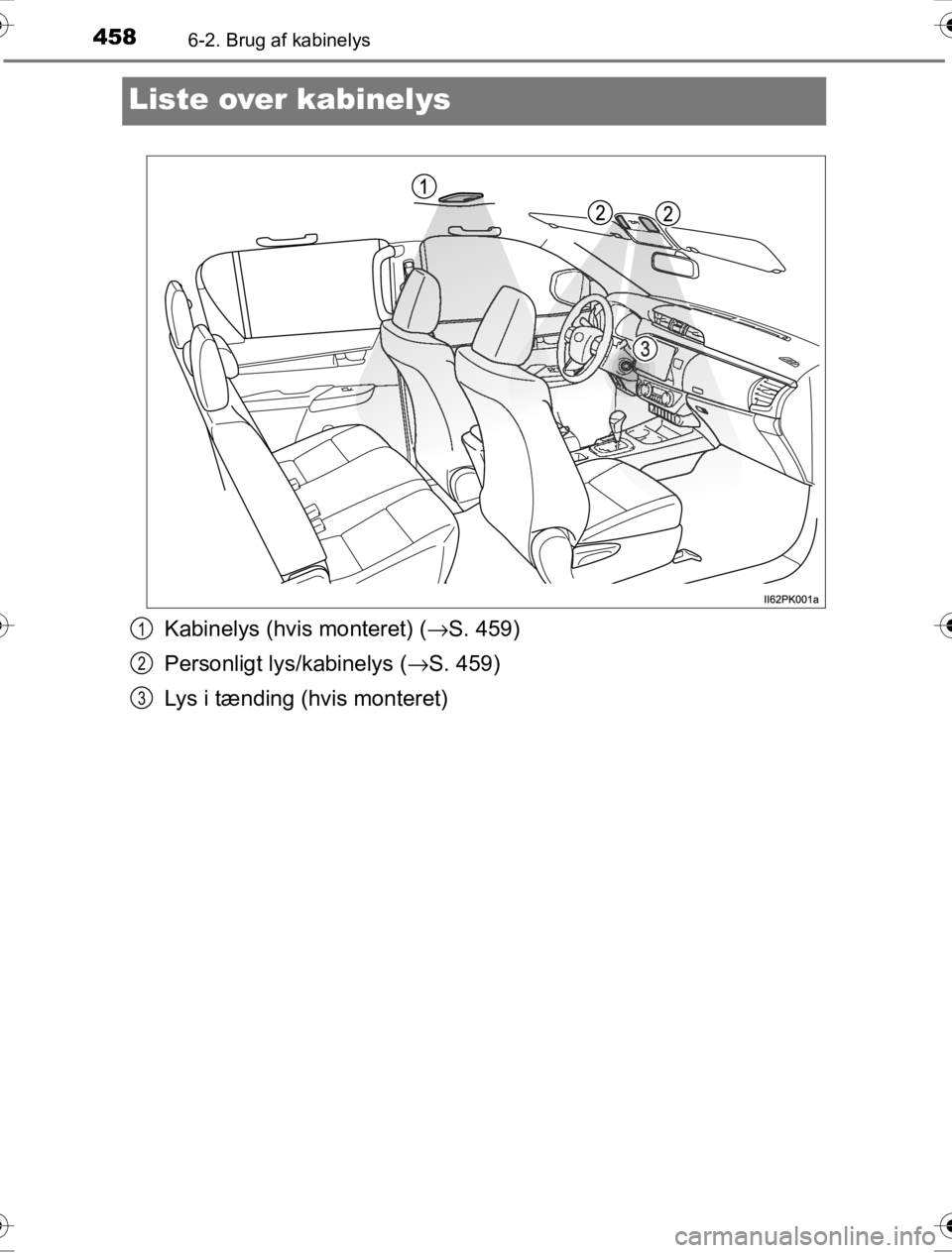 TOYOTA HILUX 2016  Brugsanvisning (in Danish) 4586-2. Brug af kabinelys
OM0K269DK
Liste over kabinelys
Kabinelys (hvis monteret) (→S. 459)
Personligt lys/kabinelys (→ S. 459)
Lys i tænding (hvis monteret)1
2
3
OM0K269DK.book  Page 458  Wedne