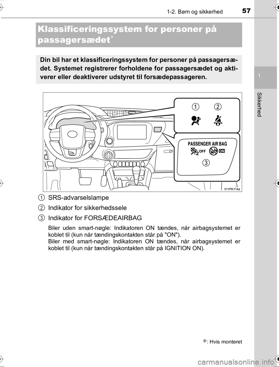 TOYOTA HILUX 2016  Brugsanvisning (in Danish) 571-2. Børn og sikkerhed
1
OM0K269DK
Sikkerhed
Klassificeringssystem for personer på 
passagersædet
∗
SRS-advarselslampe
Indikator for sikkerhedssele
Indikator for FORSÆDEAIRBAG
Biler uden smart