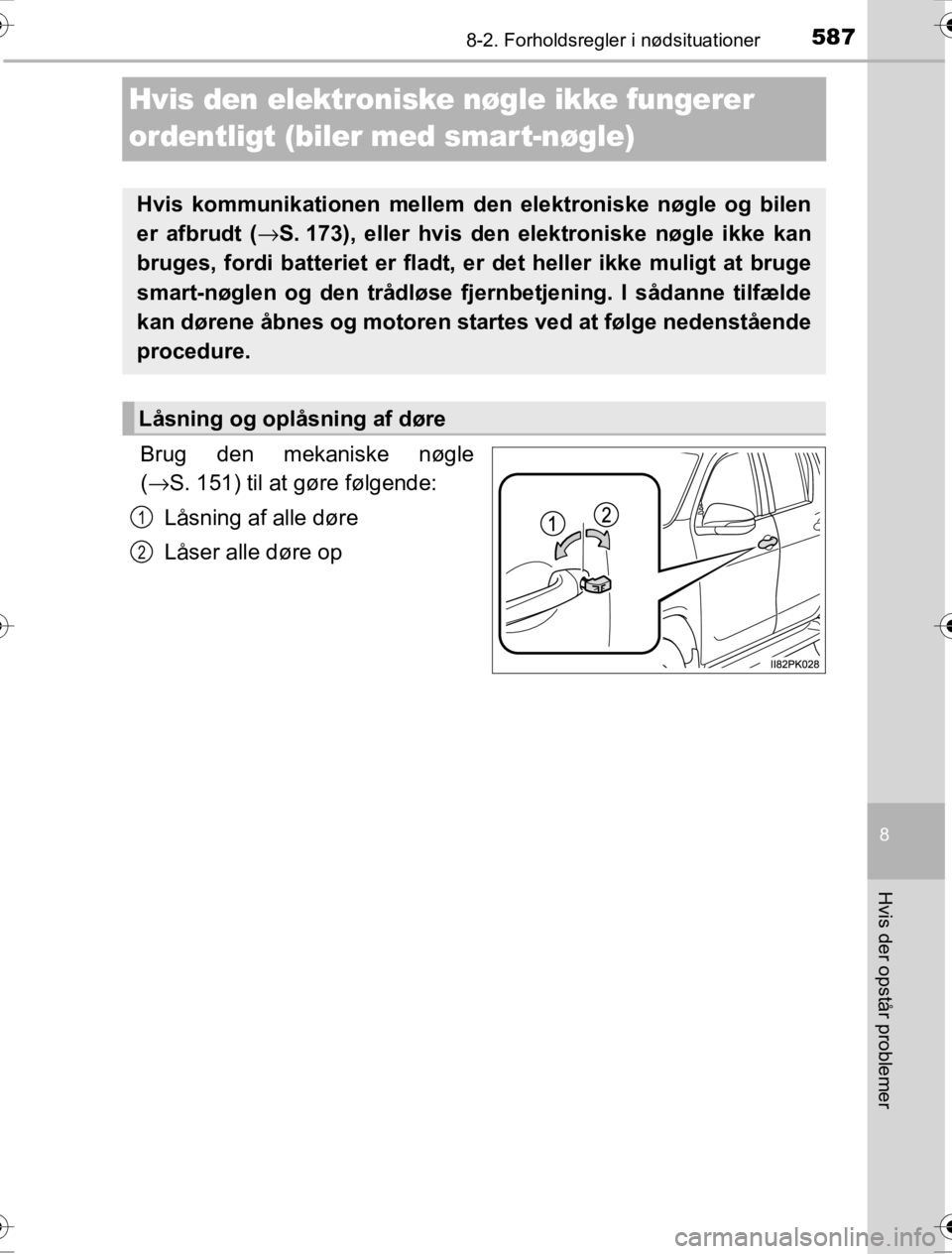 TOYOTA HILUX 2016  Brugsanvisning (in Danish) 5878-2. Forholdsregler i nødsituationer
OM0K269DK
8
Hvis der opstår problemer
Hvis den elektroniske nøgle ikke fungerer 
ordentligt (biler med smart-nøgle)
Brug den mekaniske nøgle
(→ S. 151) t