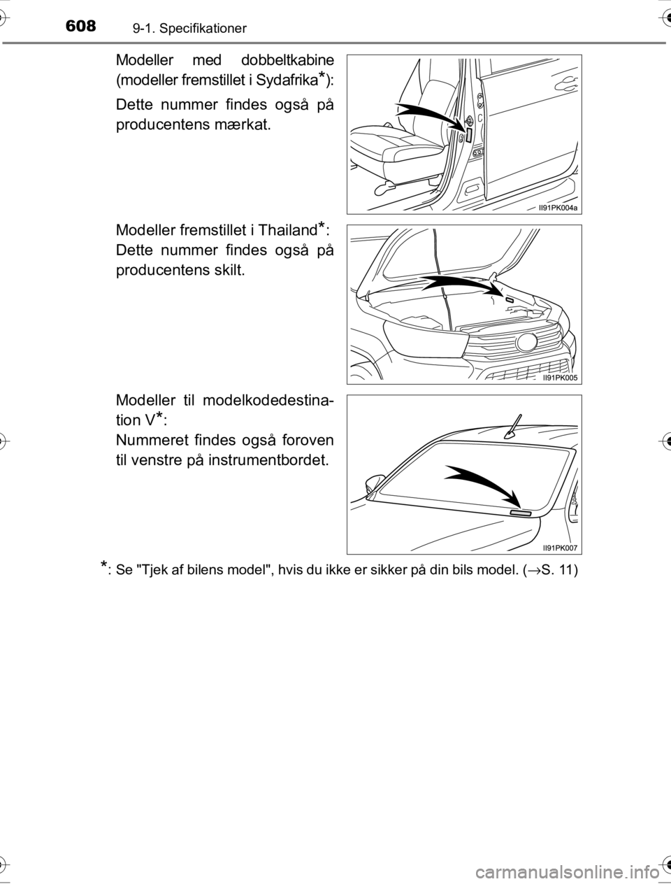 TOYOTA HILUX 2016 Brugsanvisning (in Danish) 6089-1. Specifikationer
OM0K269DK
Modeller med dobbeltkabine
(modeller fremstillet i Sydafrika
*):
Dette nummer findes også på
producentens mærkat.
Modeller fremstillet i Thailand
*:
Dette nummer TOYOTA HILUX 2016 Brugsanvisning (in Danish) 6089-1. Specifikationer
OM0K269DK
Modeller med dobbeltkabine
(modeller fremstillet i Sydafrika
*):
Dette nummer findes også på
producentens mærkat.
Modeller fremstillet i Thailand
*:
Dette nummer