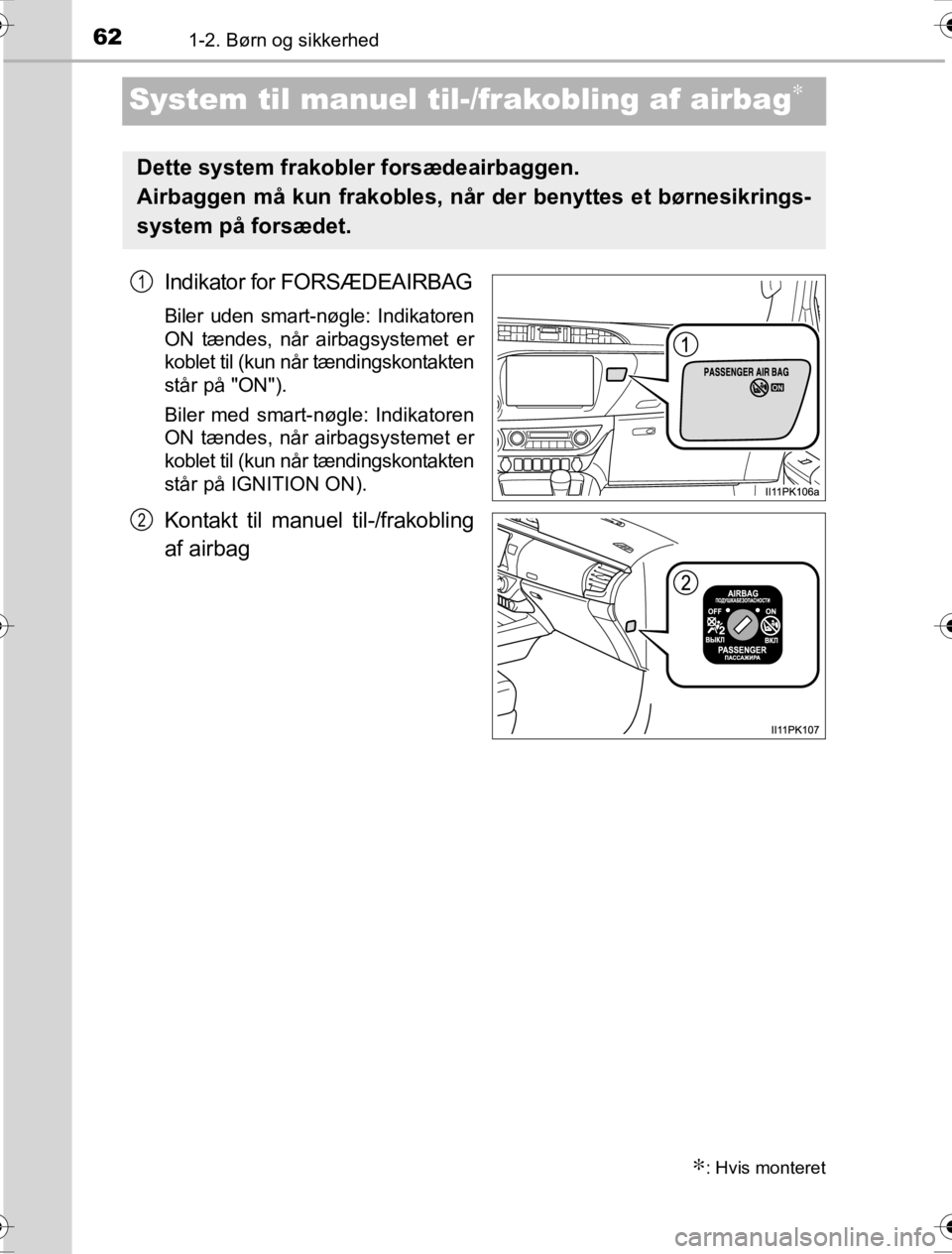 TOYOTA HILUX 2016  Brugsanvisning (in Danish) 621-2. Børn og sikkerhed
OM0K269DK
System til manuel til-/frakobling af airbag∗
Indikator for FORSÆDEAIRBAG
Biler uden smart-nøgle: Indikatoren
ON tændes, når airbagsystemet er
koblet til (kun 