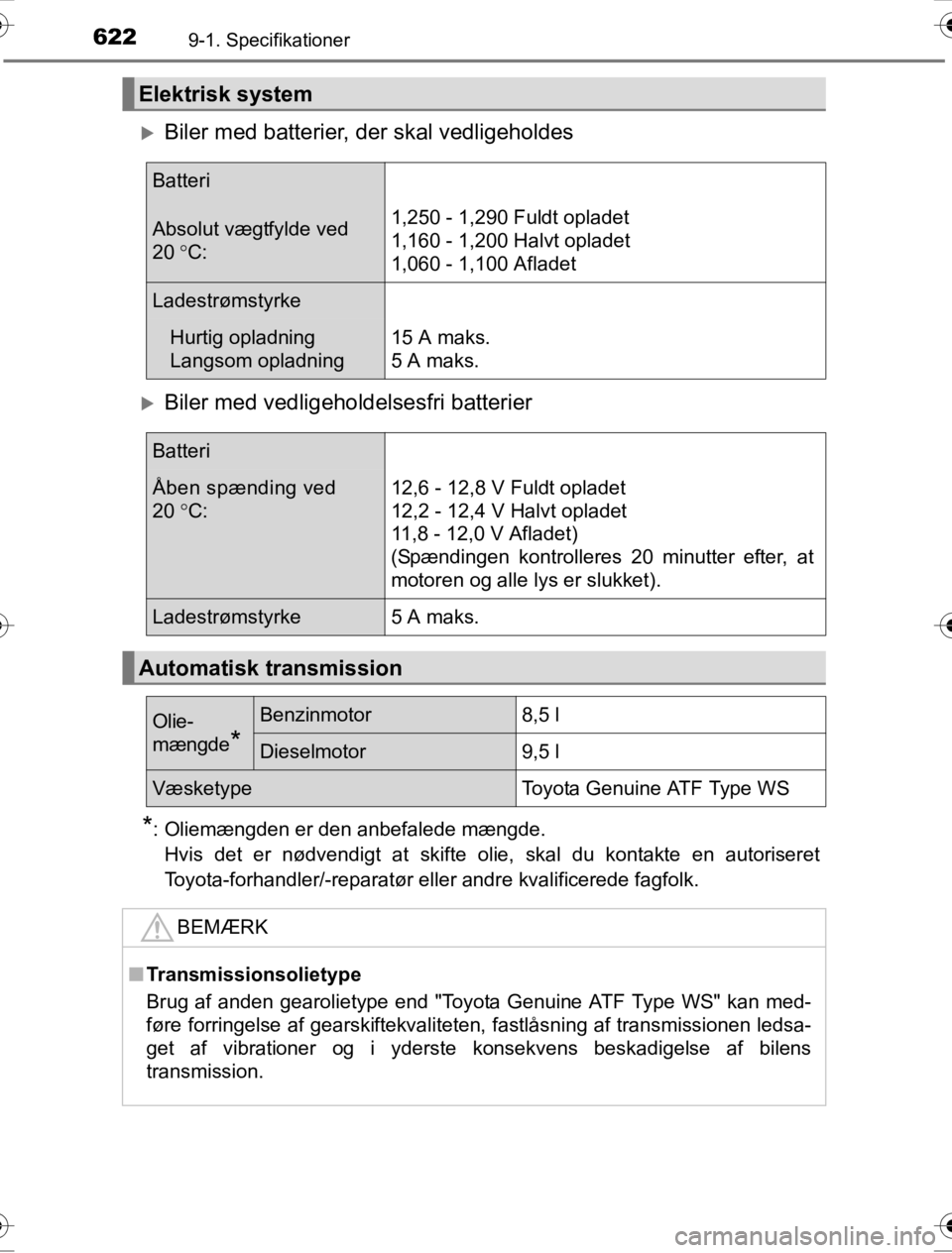 TOYOTA HILUX 2016  Brugsanvisning (in Danish) 6229-1. Specifikationer
OM0K269DK
 XBiler med batterier, der skal vedligeholdes
 XBiler med vedligeholdelsesfri batterier
*: Oliemængden er den anbefalede mængde.Hvis det er nødvendigt at skifte ol