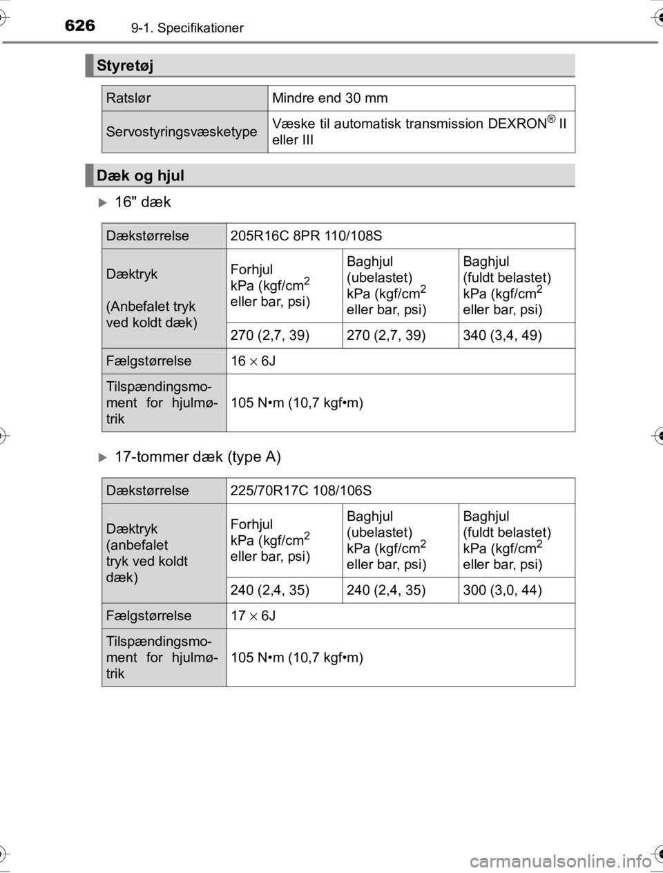 TOYOTA HILUX 2016  Brugsanvisning (in Danish) 6269-1. Specifikationer
OM0K269DK
 X16" dæk
 X17-tommer dæk (type A)
Styretøj
RatslørMindre end 30 mm
ServostyringsvæsketypeVæske til automatisk transmission DEXRON® II
eller III
Dæk og hjul
D