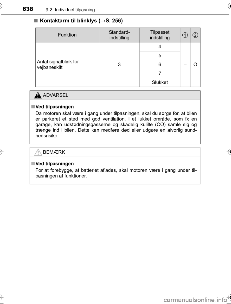 TOYOTA HILUX 2016  Brugsanvisning (in Danish) 6389-2. Individuel tilpasning
OM0K269DK■
Kontaktarm til blinklys (
→S. 256)
FunktionStandard-
indstillingTilpasset
indstilling
Antal signalblink for 
vejbaneskift3
4
–O
5
6
7
Slukket
ADVARSEL
