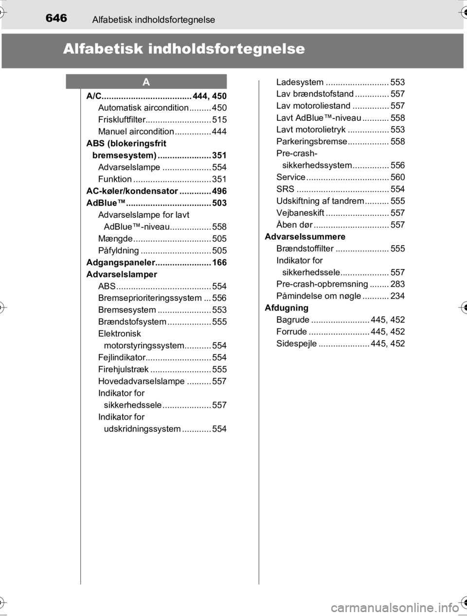 TOYOTA HILUX 2016  Brugsanvisning (in Danish) 646Alfabetisk indholdsfortegnelse
OM0K269DK
Alfabetisk indholdsfortegnelse
A/C..................................... 444, 450Automatisk aircondition ......... 450
Friskluftfilter.......................