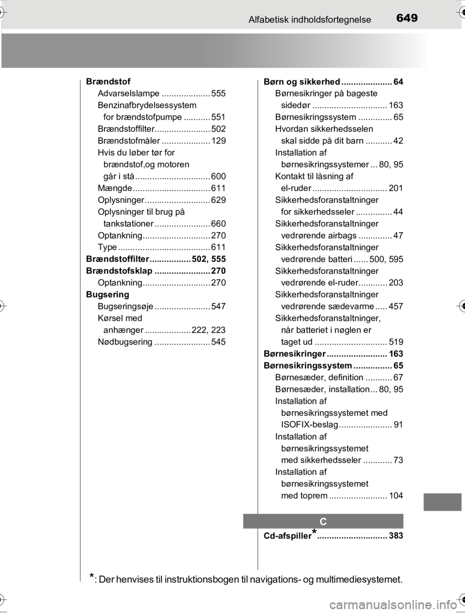 TOYOTA HILUX 2016  Brugsanvisning (in Danish) 649Alfabetisk indholdsfortegnelse
OM0K269DK
BrændstofAdvarselslampe .................... 555
Benzinafbrydelsessystem 
for brændstofpumpe ........... 551
Brændstoffilter....................... 502
B