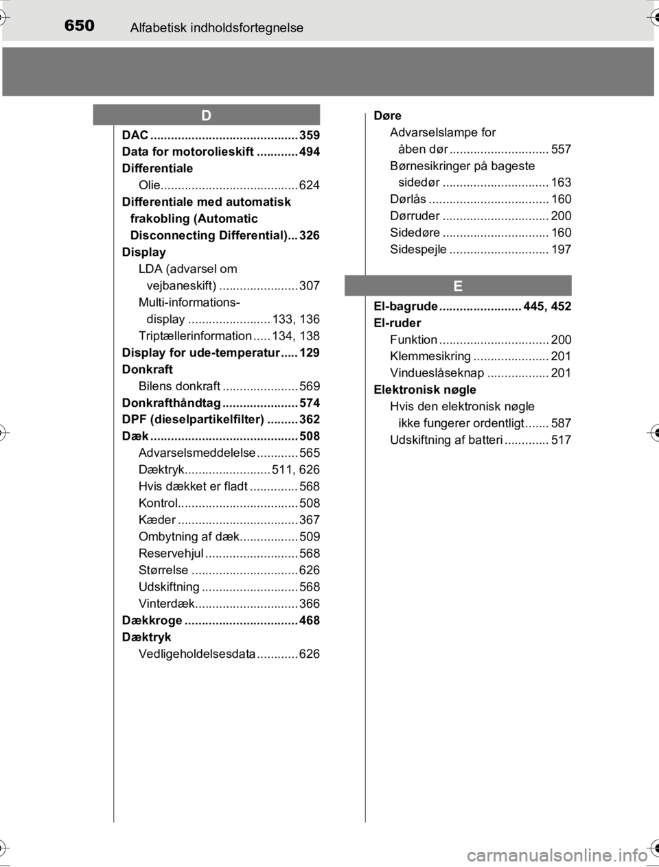 TOYOTA HILUX 2016  Brugsanvisning (in Danish) 650Alfabetisk indholdsfortegnelse
OM0K269DK
DAC ........................................... 359
Data for motorolieskift ............ 494
DifferentialeOlie........................................ 624
D