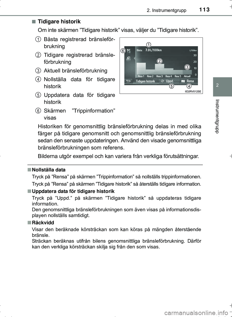 TOYOTA HILUX 2016 Bruksanvisningar (in Swedish) 1132. Instrumentgrupp
2
Instrumentgrupp
OM0K269SEn
Tidigare historik
Om inte skärmen ”Tidigare historik” visas, väljer du ”Tidigare historik”.
Bästa registrerad bränsleför-
brukning
Tidig TOYOTA HILUX 2016 Bruksanvisningar (in Swedish) 1132. Instrumentgrupp
2
Instrumentgrupp
OM0K269SEn
Tidigare historik
Om inte skärmen ”Tidigare historik” visas, väljer du ”Tidigare historik”.
Bästa registrerad bränsleför-
brukning
Tidig