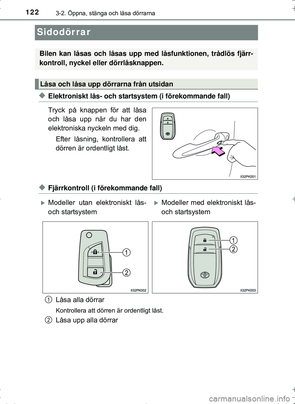 TOYOTA HILUX 2016 Bruksanvisningar (in Swedish) 1223-2. Öppna, stänga och låsa dörrarna
OM0K269SE
Sidodörrar
uElektroniskt lås- och startsystem (i förekommande fall)
Tryck på knappen för att låsa
och låsa upp när du har den
elektroniska TOYOTA HILUX 2016 Bruksanvisningar (in Swedish) 1223-2. Öppna, stänga och låsa dörrarna
OM0K269SE
Sidodörrar
uElektroniskt lås- och startsystem (i förekommande fall)
Tryck på knappen för att låsa
och låsa upp när du har den
elektroniska