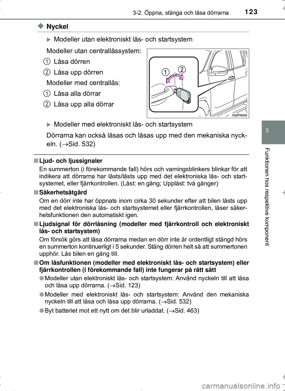 TOYOTA HILUX 2016 Bruksanvisningar (in Swedish) 1233-2. Öppna, stänga och låsa dörrarna
3
Funktionen hos respektive komponent
OM0K269SE
uNyckel
Modeller utan elektroniskt lås- och startsystem
Modeller utan centrallåssystem: Låsa dörren
L TOYOTA HILUX 2016 Bruksanvisningar (in Swedish) 1233-2. Öppna, stänga och låsa dörrarna
3
Funktionen hos respektive komponent
OM0K269SE
uNyckel
Modeller utan elektroniskt lås- och startsystem
Modeller utan centrallåssystem: Låsa dörren
L