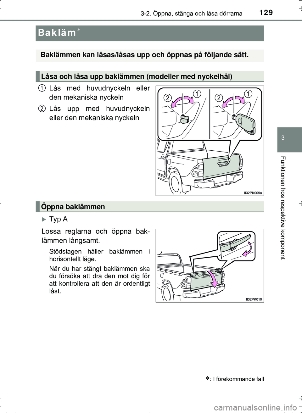 TOYOTA HILUX 2016 Bruksanvisningar (in Swedish) 129
3
3-2. Öppna, stänga och låsa dörrarna
Funktionen hos respektive komponent
OM0K269SE
Bakläm
Lås med huvudnyckeln eller
den mekaniska nyckeln
Lås upp med huvudnyckeln
eller den mekaniska TOYOTA HILUX 2016 Bruksanvisningar (in Swedish) 129
3
3-2. Öppna, stänga och låsa dörrarna
Funktionen hos respektive komponent
OM0K269SE
Bakläm
Lås med huvudnyckeln eller
den mekaniska nyckeln
Lås upp med huvudnyckeln
eller den mekaniska
