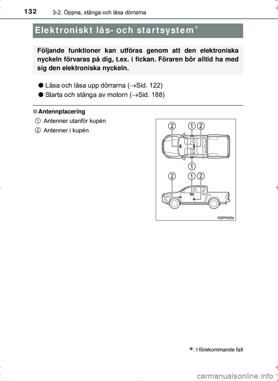 TOYOTA HILUX 2016 Bruksanvisningar (in Swedish) 1323-2. Öppna, stänga och låsa dörrarna
OM0K269SE
Elektroniskt lås- och startsystem
lLåsa och låsa upp dörrarna ( Sid. 122)
l Starta och stänga av motorn ( Sid. 188)
nAntennplacering TOYOTA HILUX 2016 Bruksanvisningar (in Swedish) 1323-2. Öppna, stänga och låsa dörrarna
OM0K269SE
Elektroniskt lås- och startsystem
lLåsa och låsa upp dörrarna ( Sid. 122)
l Starta och stänga av motorn ( Sid. 188)
nAntennplacering