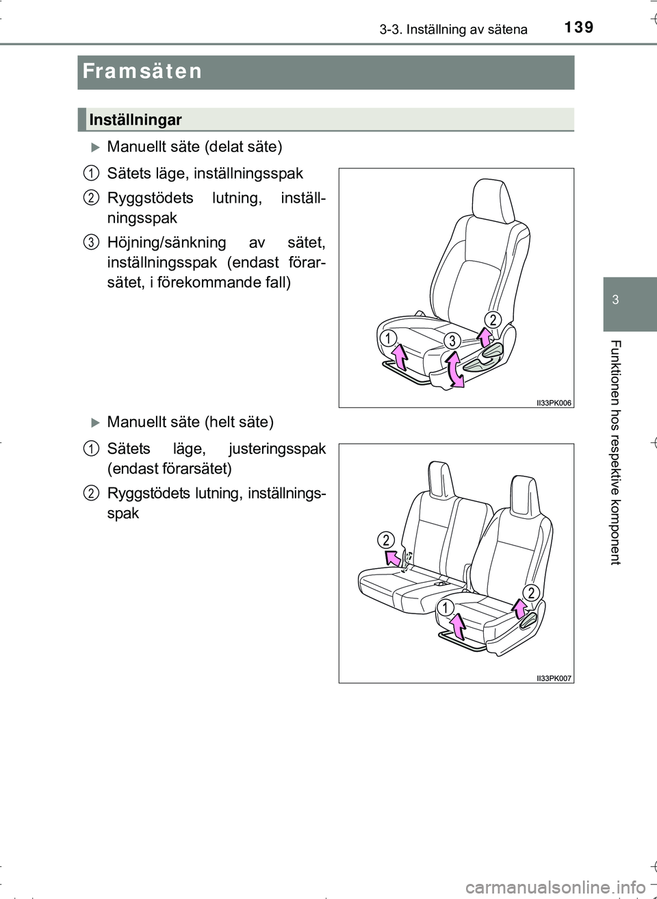 TOYOTA HILUX 2016 Bruksanvisningar (in Swedish) 139
3
3-3. Inställning av sätena
Funktionen hos respektive komponent
OM0K269SE
Framsäten
Manuellt säte (delat säte)
Sätets läge, inställningsspak
Ryggstödets lutning, inställ-
ningsspak
H TOYOTA HILUX 2016 Bruksanvisningar (in Swedish) 139
3
3-3. Inställning av sätena
Funktionen hos respektive komponent
OM0K269SE
Framsäten
Manuellt säte (delat säte)
Sätets läge, inställningsspak
Ryggstödets lutning, inställ-
ningsspak
H