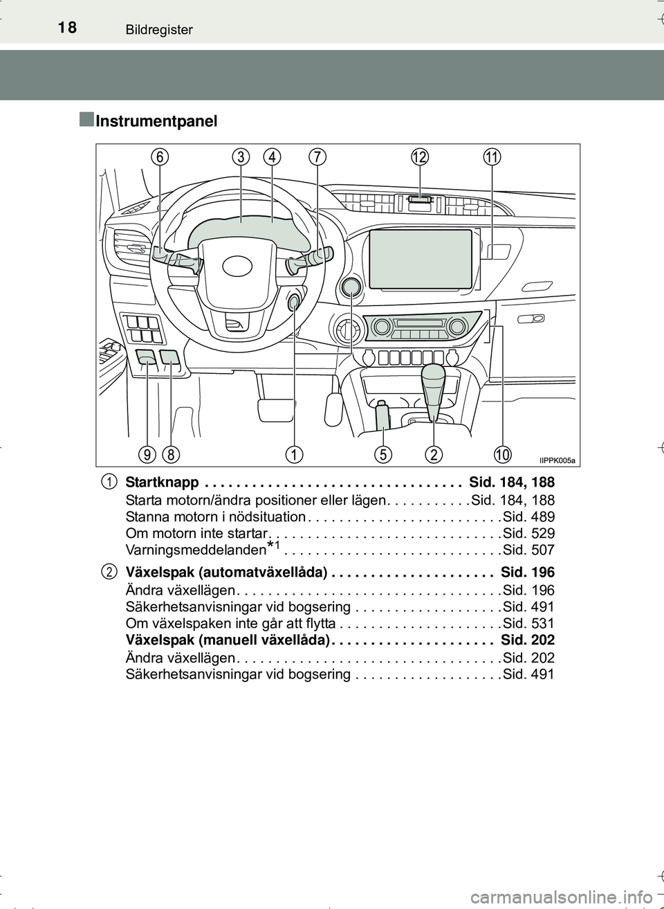 TOYOTA HILUX 2016  Bruksanvisningar (in Swedish) 18Bildregister
OM0K269SE
nInstrumentpanel
Startknapp  . . . . . . . . . . . . . . . . . . . . . . . . . . . . . . . . .  Sid. 184, 188
Starta motorn/ändra positioner eller lägen . . . . . . . . . . 