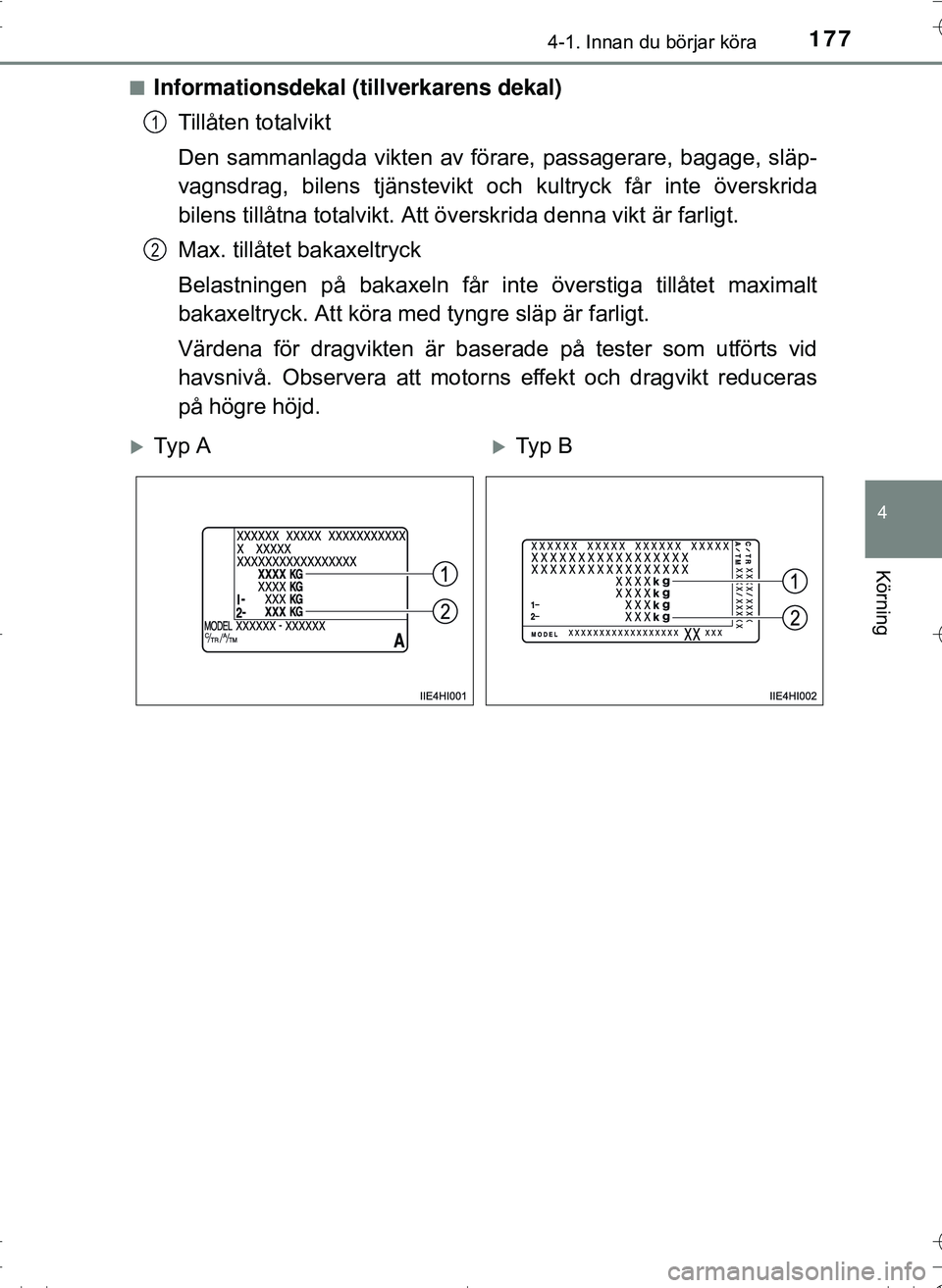 TOYOTA HILUX 2016 Bruksanvisningar (in Swedish) 1774-1. Innan du börjar köra
4
Körning
OM0K269SEn
Informationsdekal (tillverkarens dekal)
Tillåten totalvikt
Den sammanlagda vikten av förare, passagerare, bagage, släp-
vagnsdrag, bilens tjäns TOYOTA HILUX 2016 Bruksanvisningar (in Swedish) 1774-1. Innan du börjar köra
4
Körning
OM0K269SEn
Informationsdekal (tillverkarens dekal)
Tillåten totalvikt
Den sammanlagda vikten av förare, passagerare, bagage, släp-
vagnsdrag, bilens tjäns