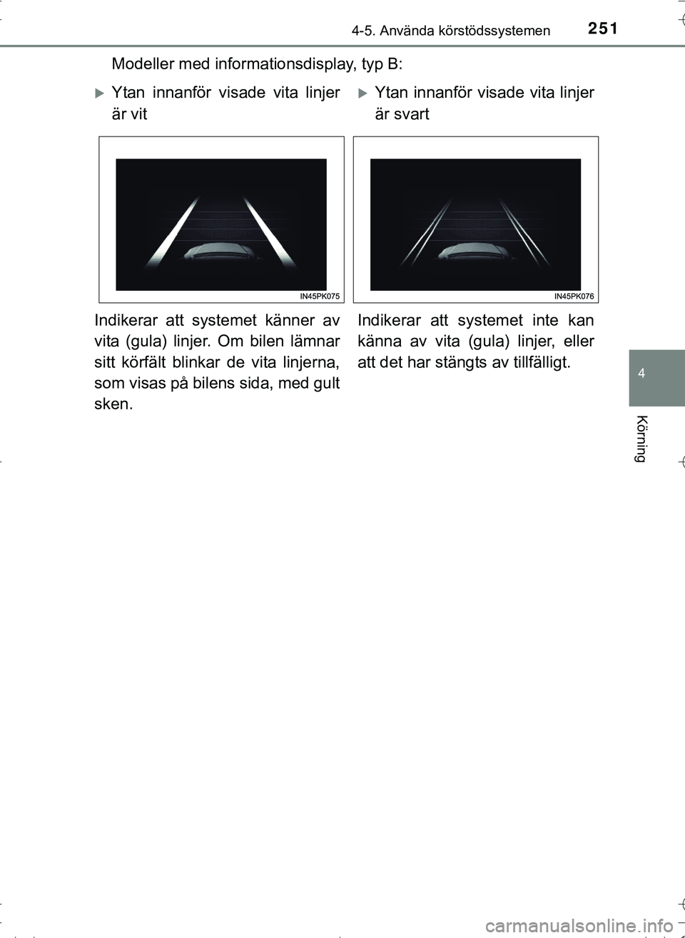 TOYOTA HILUX 2016 Bruksanvisningar (in Swedish) 2514-5. Använda körstödssystemen
4
Körning
OM0K269SE
Modeller med informationsdisplay, typ B:
Ytan innanför visade vita linjer
är vitYtan innanför visade vita linjer
är svart
Indikerar a TOYOTA HILUX 2016 Bruksanvisningar (in Swedish) 2514-5. Använda körstödssystemen
4
Körning
OM0K269SE
Modeller med informationsdisplay, typ B:
Ytan innanför visade vita linjer
är vitYtan innanför visade vita linjer
är svart
Indikerar a