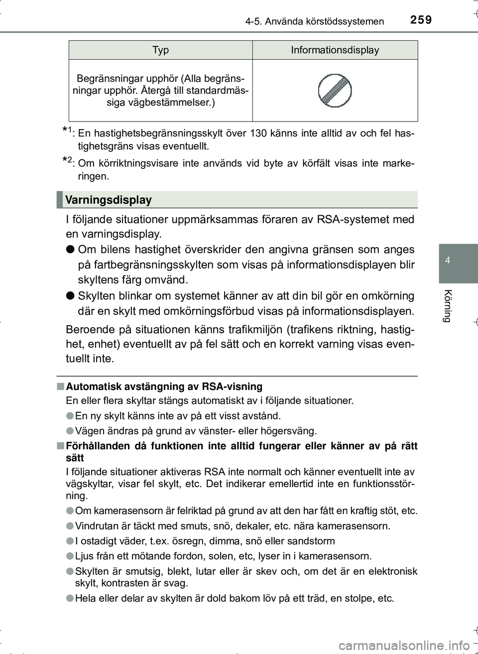 TOYOTA HILUX 2016 Bruksanvisningar (in Swedish) 2594-5. Använda körstödssystemen
4
Körning
OM0K269SE
*1: En hastighetsbegränsningsskylt över 130 känns inte alltid av och fel has-tighetsgräns visas eventuellt.
*2: Om körriktningsvisare inte TOYOTA HILUX 2016 Bruksanvisningar (in Swedish) 2594-5. Använda körstödssystemen
4
Körning
OM0K269SE
*1: En hastighetsbegränsningsskylt över 130 känns inte alltid av och fel has-tighetsgräns visas eventuellt.
*2: Om körriktningsvisare inte