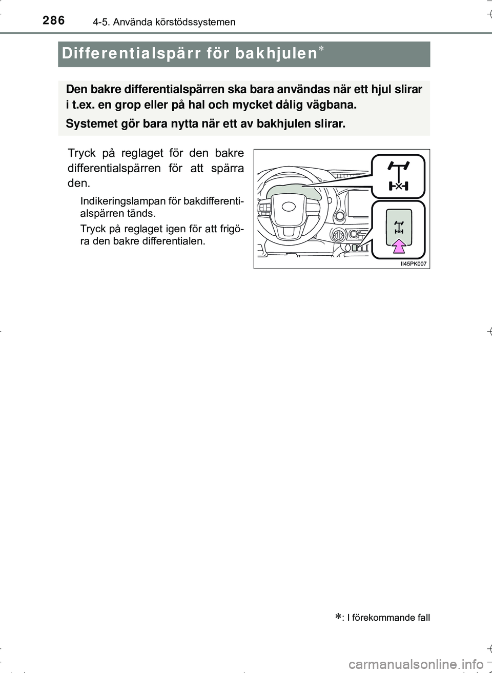 TOYOTA HILUX 2016 Bruksanvisningar (in Swedish) 2864-5. Använda körstödssystemen
OM0K269SE
Differentialspärr för bakhjulen
Tryck på reglaget för den bakre
differentialspärren för att spärra
den.
Indikeringslampan för bakdifferenti-
al TOYOTA HILUX 2016 Bruksanvisningar (in Swedish) 2864-5. Använda körstödssystemen
OM0K269SE
Differentialspärr för bakhjulen
Tryck på reglaget för den bakre
differentialspärren för att spärra
den.
Indikeringslampan för bakdifferenti-
al