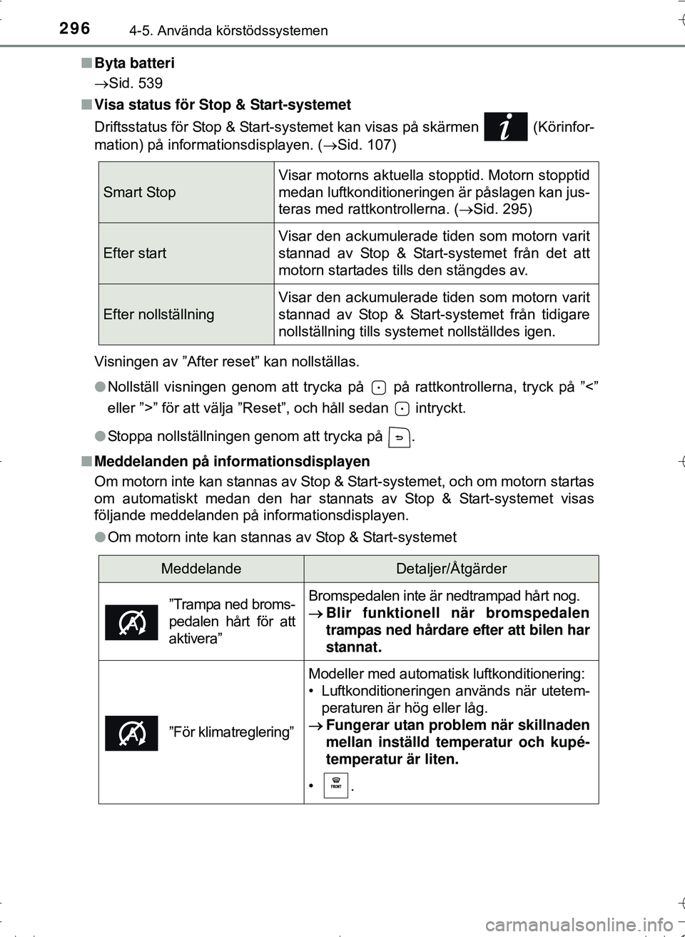 TOYOTA HILUX 2016 Bruksanvisningar (in Swedish) 2964-5. Använda körstödssystemen
OM0K269SEn
Byta batteri
Sid. 539
n Visa status för Stop & Start-systemet
Driftsstatus för Stop & Start-systemet kan visas på skärmen (Körinfor-
mation) p TOYOTA HILUX 2016 Bruksanvisningar (in Swedish) 2964-5. Använda körstödssystemen
OM0K269SEn
Byta batteri
Sid. 539
n Visa status för Stop & Start-systemet
Driftsstatus för Stop & Start-systemet kan visas på skärmen (Körinfor-
mation) p