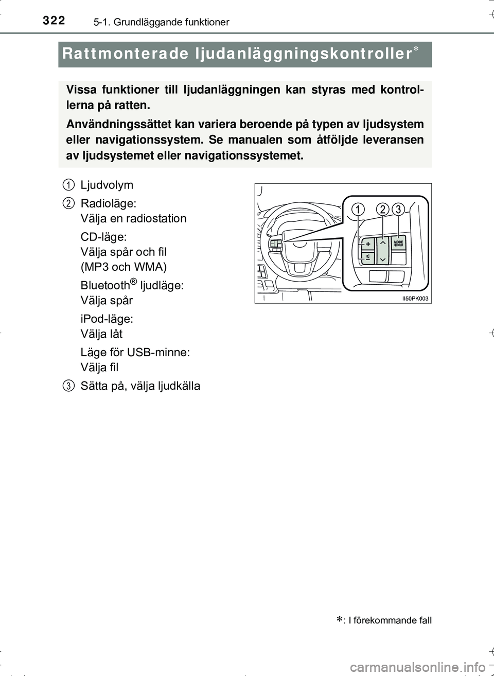 TOYOTA HILUX 2016 Bruksanvisningar (in Swedish) 3225-1. Grundläggande funktioner
OM0K269SE
Rattmonterade ljudanläggningskontroller
Ljudvolym
Radioläge:
Välja en radiostation
CD-läge:
Välja spår och fil
(MP3 och WMA)
Bluetooth
® ljudläg TOYOTA HILUX 2016 Bruksanvisningar (in Swedish) 3225-1. Grundläggande funktioner
OM0K269SE
Rattmonterade ljudanläggningskontroller
Ljudvolym
Radioläge:
Välja en radiostation
CD-läge:
Välja spår och fil
(MP3 och WMA)
Bluetooth
® ljudläg