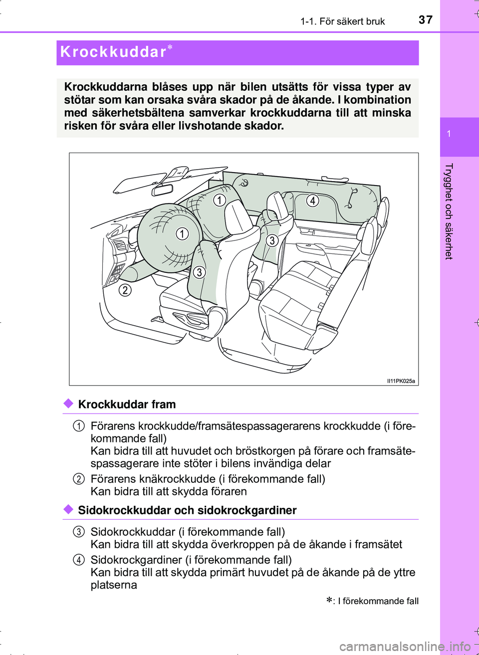 TOYOTA HILUX 2016 Bruksanvisningar (in Swedish) 371-1. För säkert bruk
1
Trygghet och säkerhet
OM0K269SE
Krockkuddar
uKrockkuddar framFörarens krockkudde/framsätespassagerarens kro ckkudde (i före-
kommande fall)
Kan bidra till att huvudet TOYOTA HILUX 2016 Bruksanvisningar (in Swedish) 371-1. För säkert bruk
1
Trygghet och säkerhet
OM0K269SE
Krockkuddar
uKrockkuddar framFörarens krockkudde/framsätespassagerarens kro ckkudde (i före-
kommande fall)
Kan bidra till att huvudet